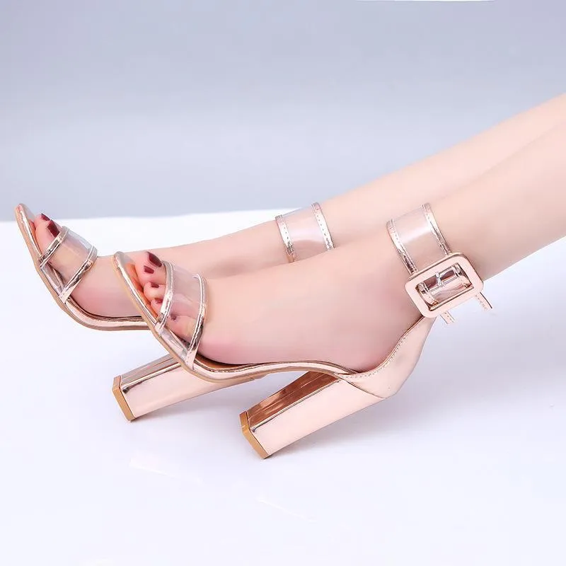 Chicvane Artificial PU Transparent Straps Open Toe Heeled Sandals