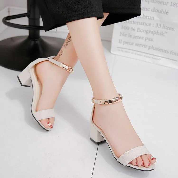 Chicvane Rhinestone Ankle Strap Buckle Closure Chunky Heel Heeled Sandals