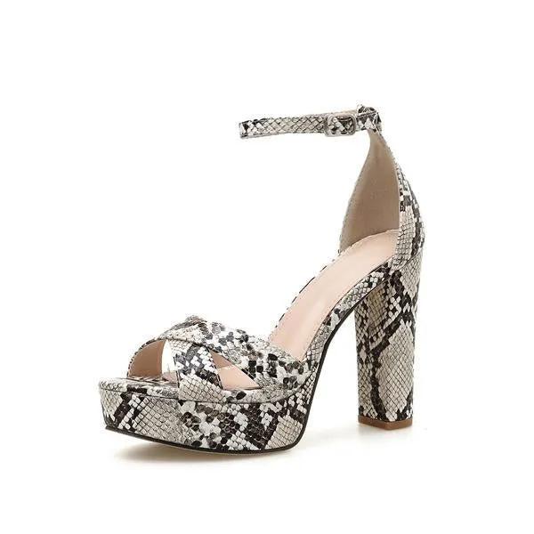 Chicvane Snake Printed Straps Chunky High Heel Sandals With Ankle Buckle Closure