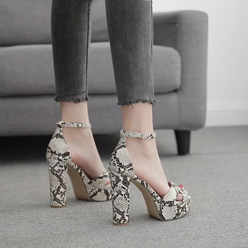 Chicvane Snake Printed Straps Chunky High Heel Sandals With Ankle Buckle Closure