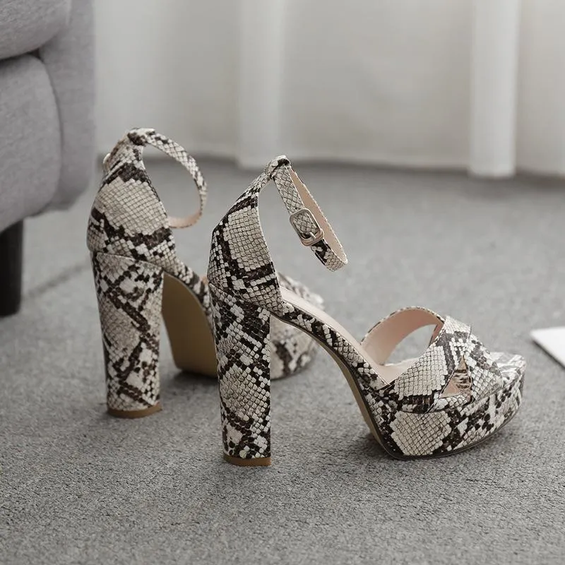 Chicvane Snake Printed Straps Chunky High Heel Sandals With Ankle Buckle Closure