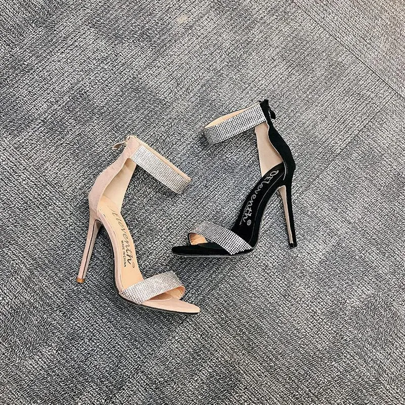 Chicvane Suede Rhinestone Stilettos Evening Party Sandals With Ankle Buckle