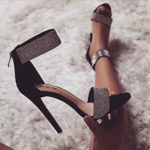 Chicvane Suede Rhinestone Stilettos Evening Party Sandals With Ankle Buckle