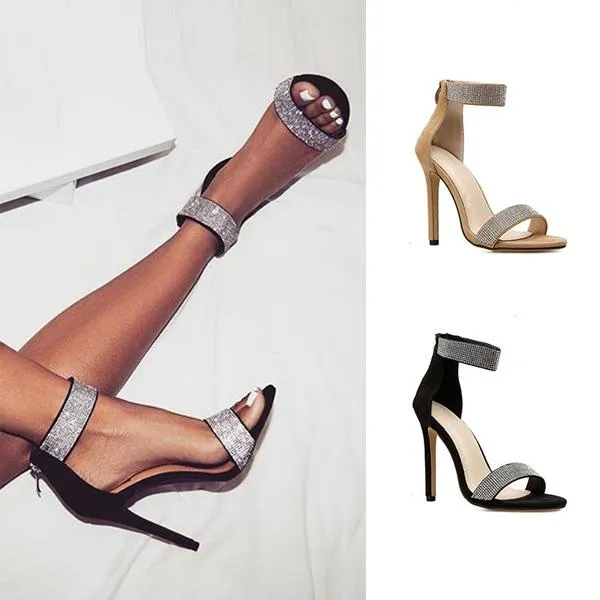 Chicvane Suede Rhinestone Stilettos Evening Party Sandals With Ankle Buckle