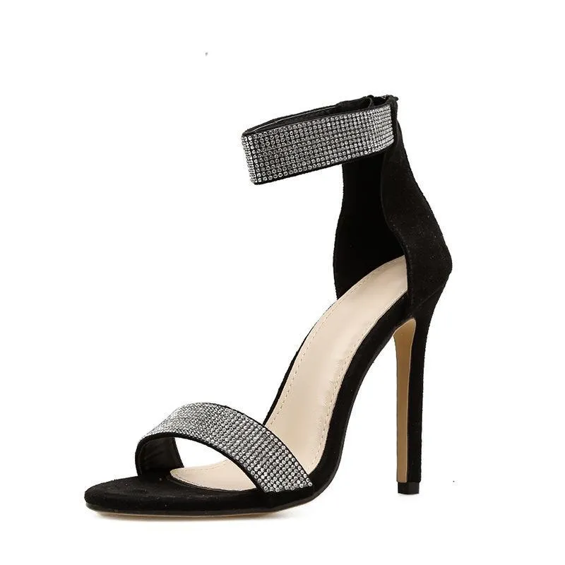 Chicvane Suede Rhinestone Stilettos Evening Party Sandals With Ankle Buckle
