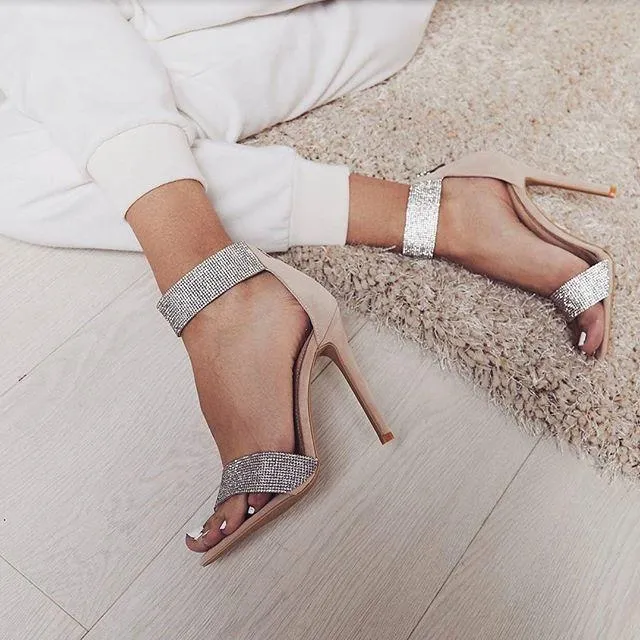 Chicvane Suede Rhinestone Stilettos Evening Party Sandals With Ankle Buckle