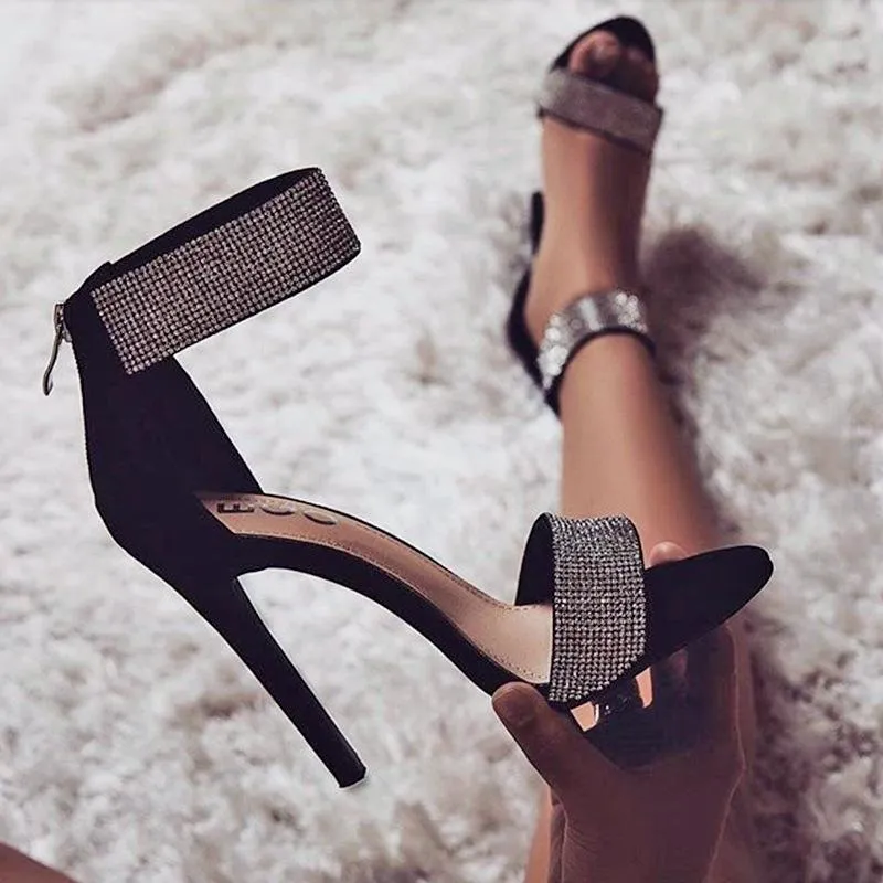 Chicvane Suede Rhinestone Stilettos Evening Party Sandals With Ankle Buckle