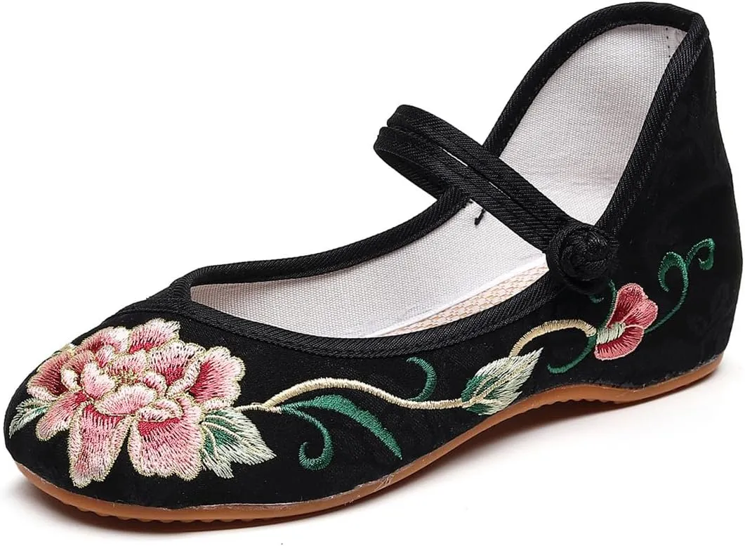 Chinese Embroidered Shoes for Women Round Toe Mary Jane Shoes Handmade Floral Slip On Loafers Comfort Walking Flats