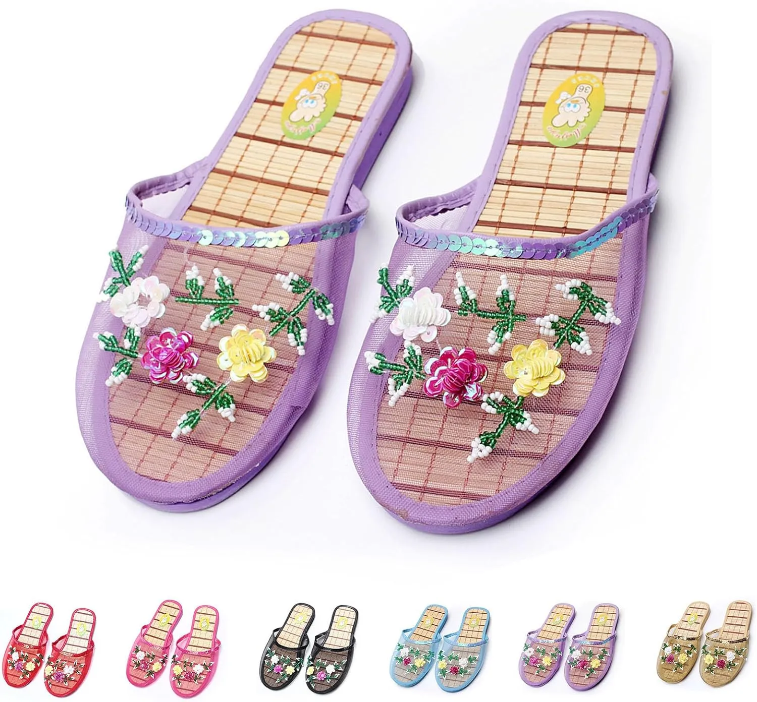 Chinese Slippers For Women, Chinese Mesh Floral Slippers, Breathable Mesh Bamboo Flats Slippers Sandal