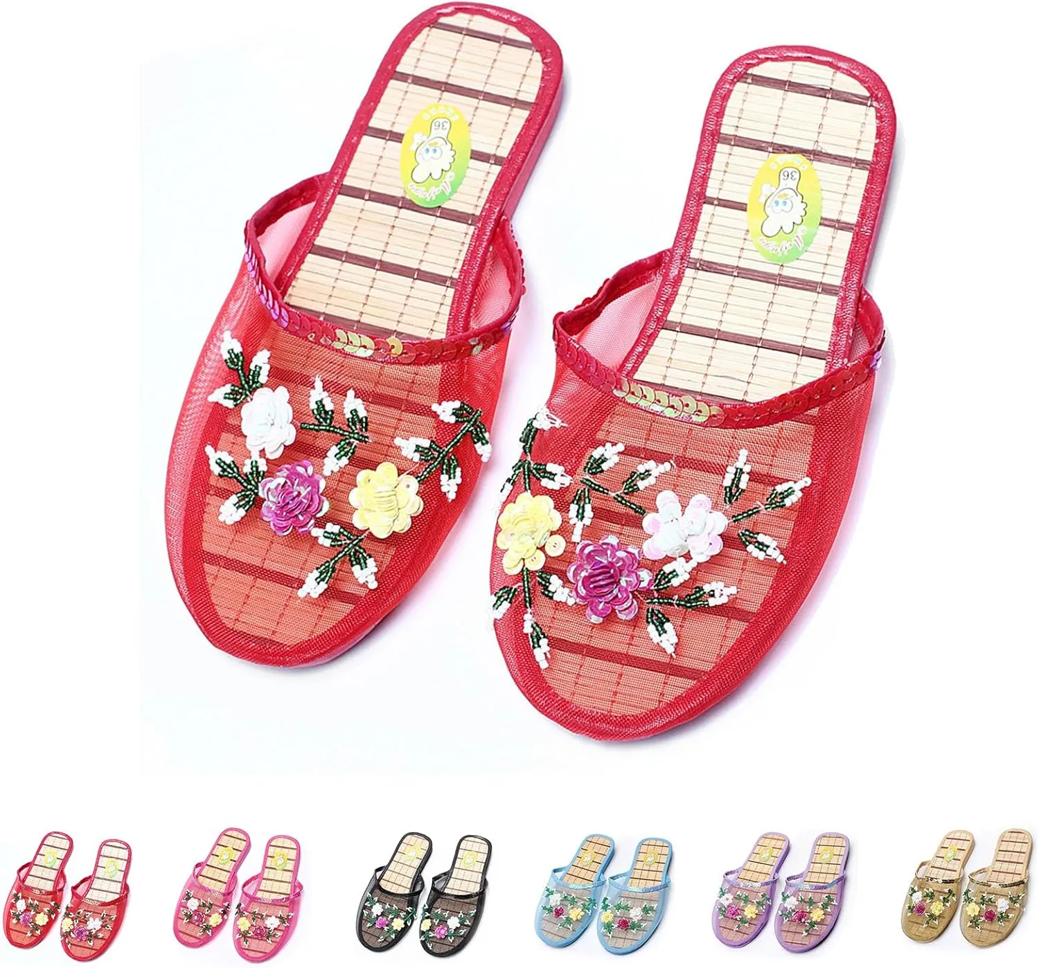 Chinese Slippers For Women, Chinese Mesh Floral Slippers, Breathable Mesh Bamboo Flats Slippers Sandal