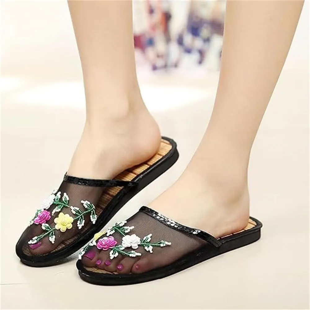 Chinese Slippers For Women, Chinese Mesh Floral Slippers, Breathable Mesh Bamboo Flats Slippers Sandal