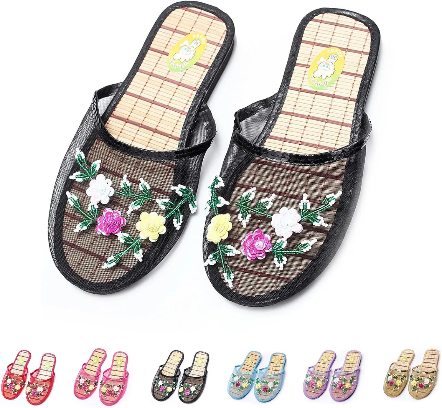Chinese Slippers For Women, Chinese Mesh Floral Slippers, Breathable Mesh Bamboo Flats Slippers Sandal