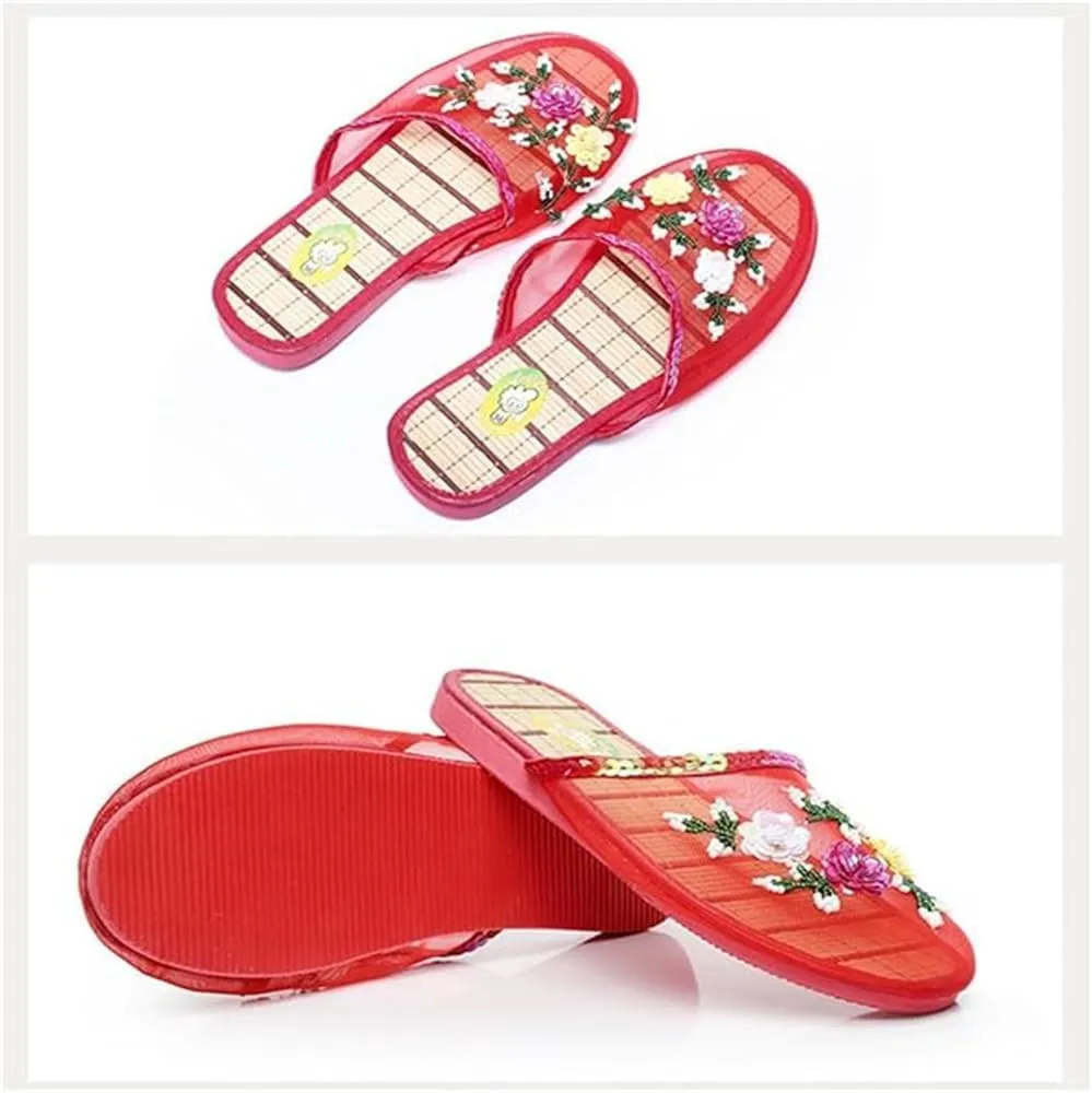 Chinese Slippers For Women, Chinese Mesh Floral Slippers, Breathable Mesh Bamboo Flats Slippers Sandal