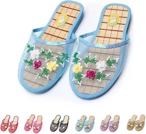 Chinese Slippers For Women, Chinese Mesh Floral Slippers, Breathable Mesh Bamboo Flats Slippers Sandal