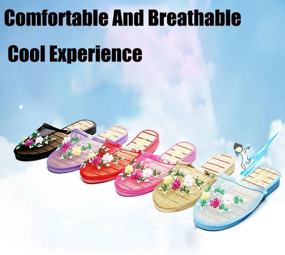 Chinese Slippers For Women, Chinese Mesh Floral Slippers, Breathable Mesh Bamboo Flats Slippers Sandal