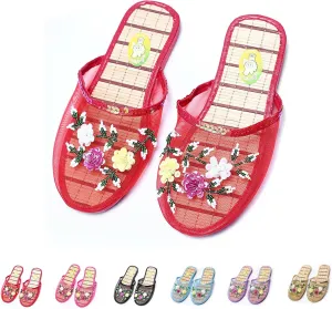 Chinese Slippers For Women, Chinese Mesh Floral Slippers, Breathable Mesh Bamboo Flats Slippers Sandal