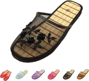 Chinese Slippers For Women, Chinese Mesh Floral Slippers, Breathable Mesh Bamboo Flats Slippers Sandal