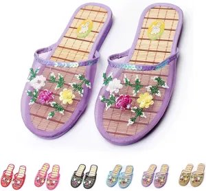 Chinese Slippers For Women, Chinese Mesh Floral Slippers, Breathable Mesh Bamboo Flats Slippers Sandal