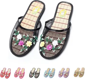 Chinese Slippers For Women, Chinese Mesh Floral Slippers, Breathable Mesh Bamboo Flats Slippers Sandal