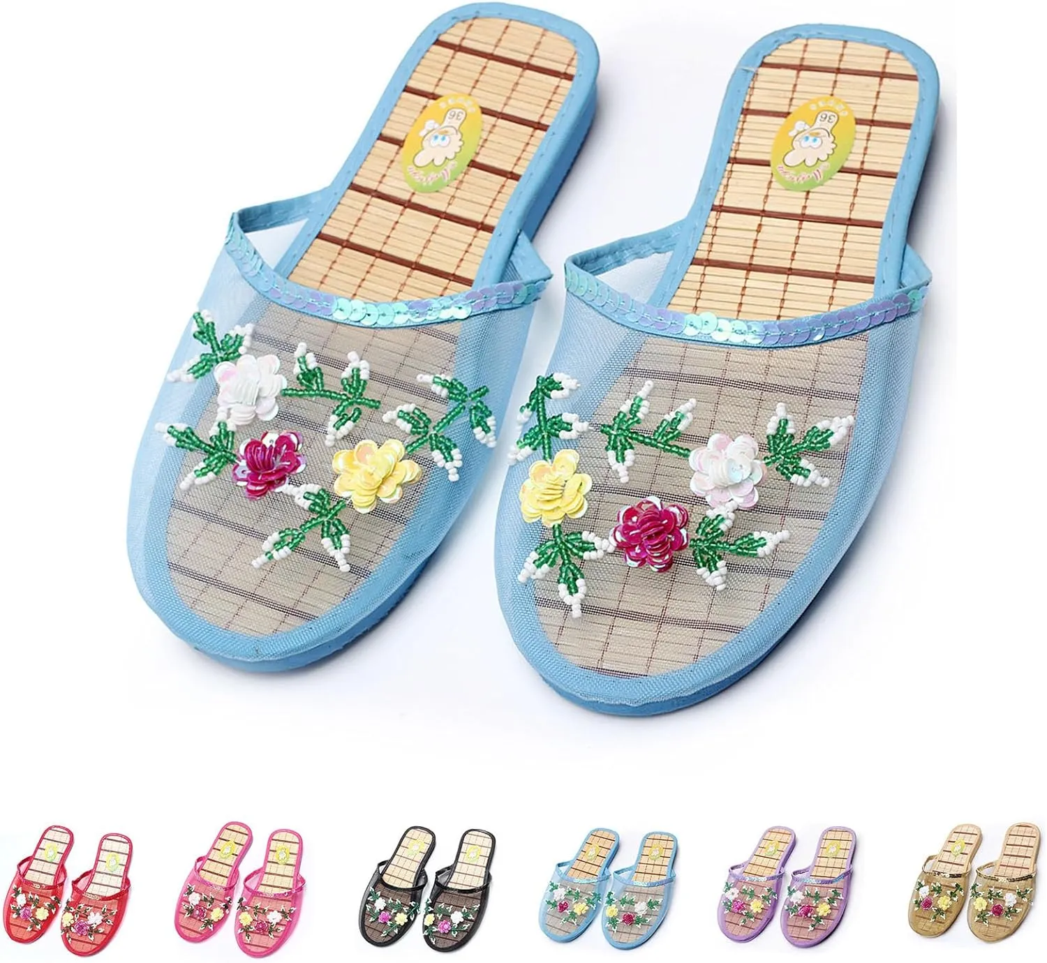 Chinese Slippers For Women, Chinese Mesh Floral Slippers, Breathable Mesh Bamboo Flats Slippers Sandal