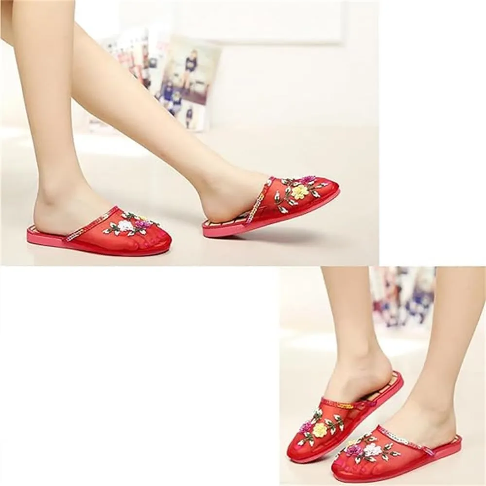 Chinese Slippers For Women, Chinese Mesh Floral Slippers, Breathable Mesh Bamboo Flats Slippers Sandal