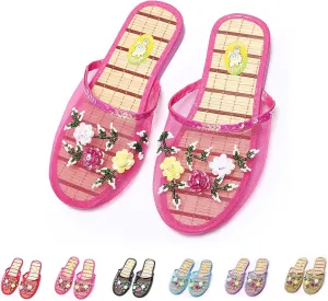 Chinese Slippers For Women, Chinese Mesh Floral Slippers, Breathable Mesh Bamboo Flats Slippers Sandal