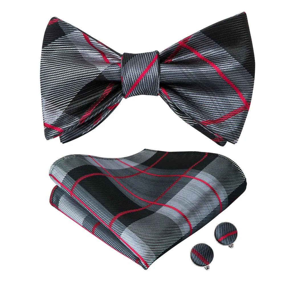 Classic Grey Black Plaid Self-tied Bow Tie Pocket Square Cufflinks Set