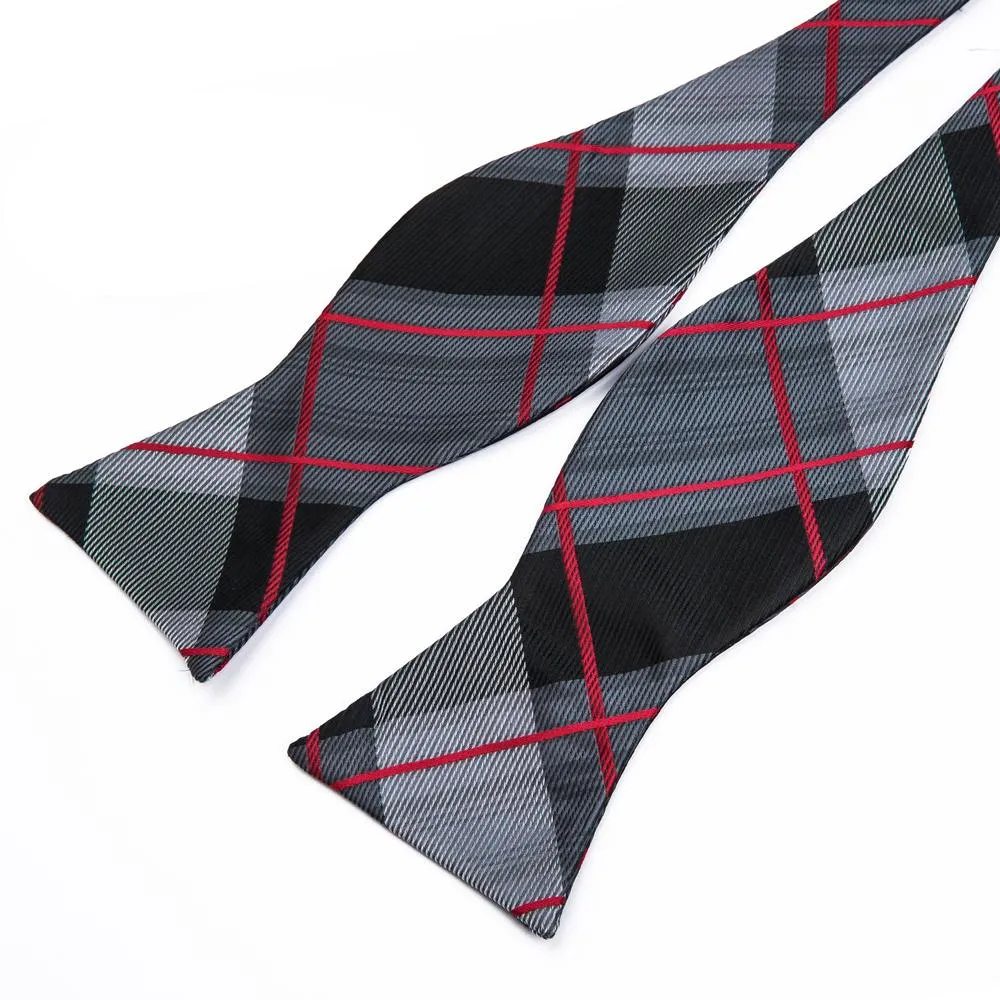 Classic Grey Black Plaid Self-tied Bow Tie Pocket Square Cufflinks Set
