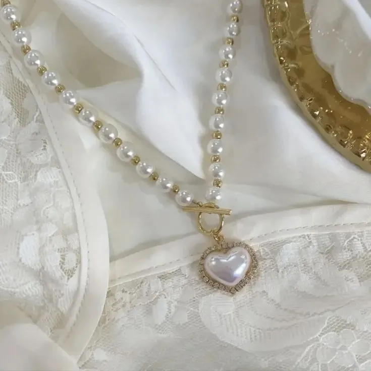 Classic Pearl Necklace with Heart Charm Pendant by Rusty