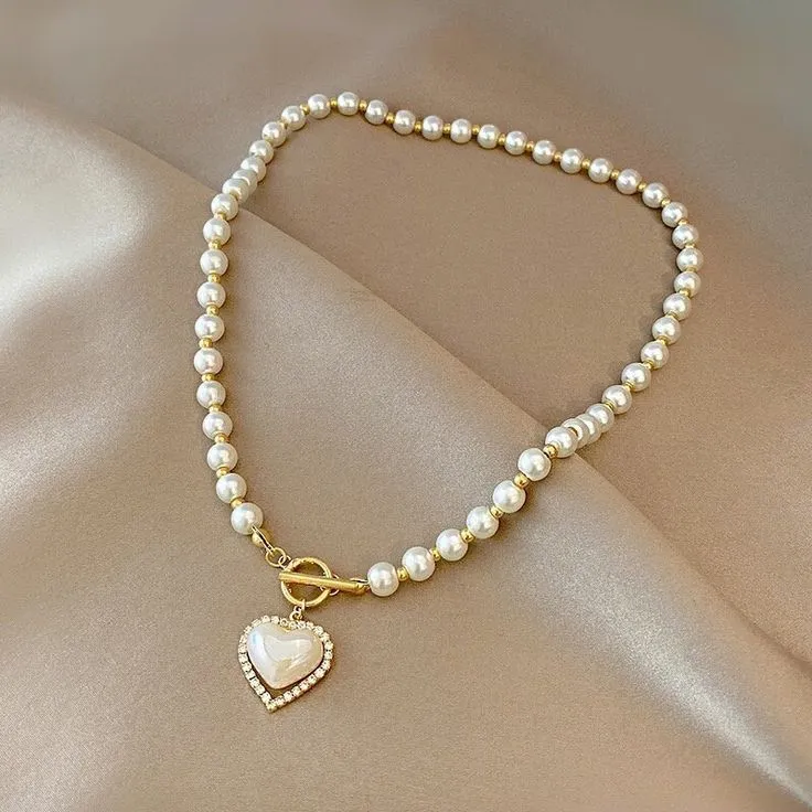 Classic Pearl Necklace with Heart Charm Pendant by Rusty