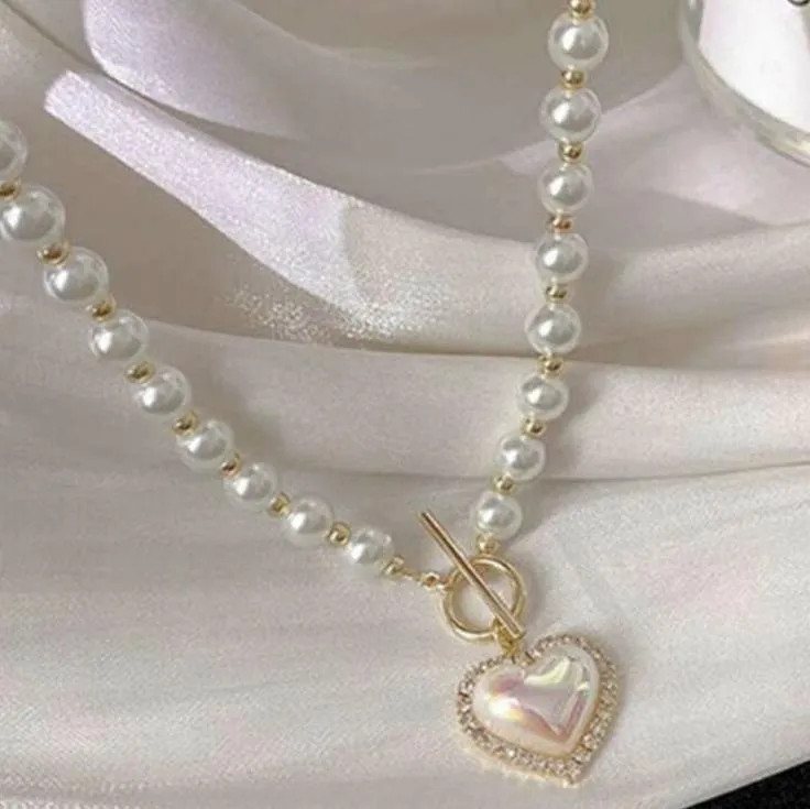 Classic Pearl Necklace with Heart Charm Pendant by Rusty
