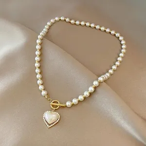 Classic Pearl Necklace with Heart Charm Pendant by Rusty