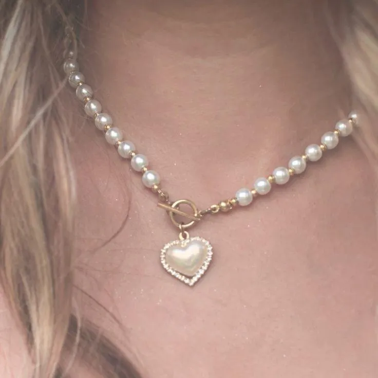 Classic Pearl Necklace with Heart Charm Pendant by Rusty