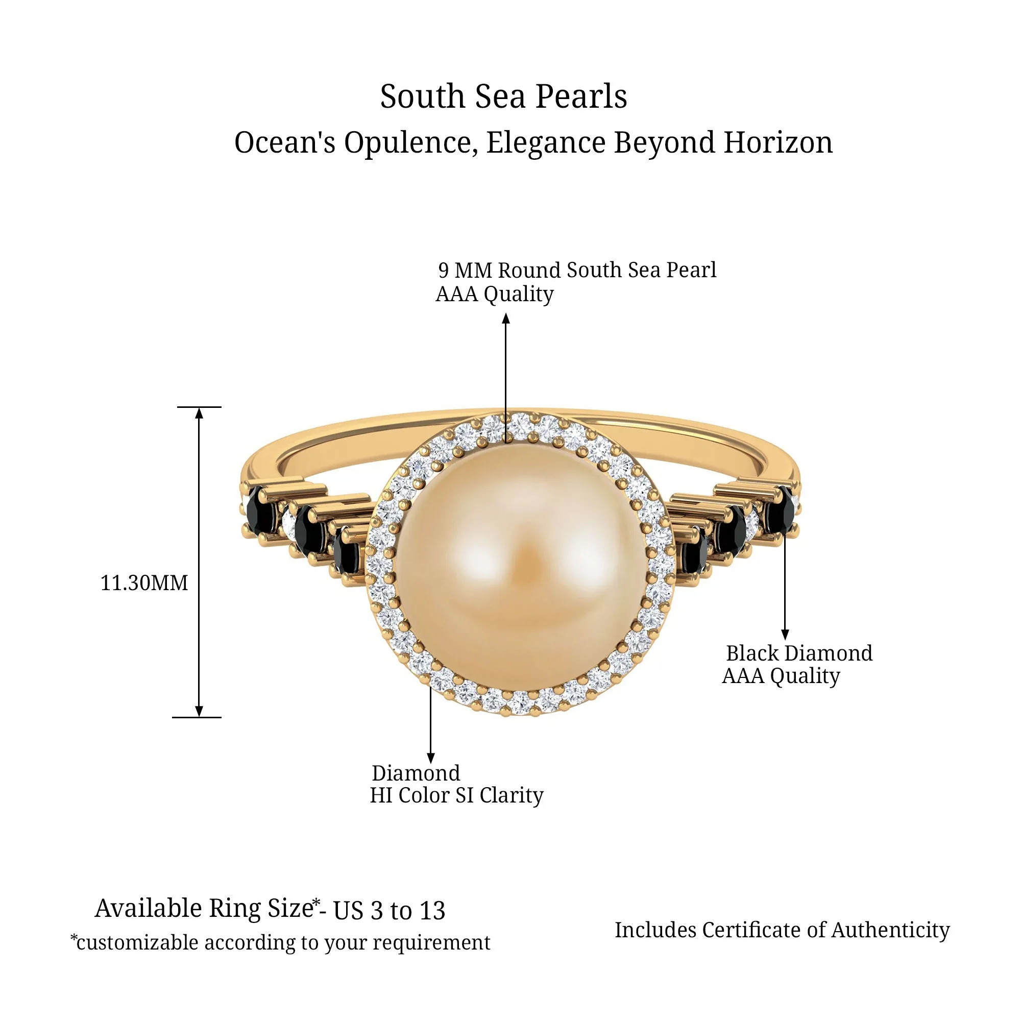 Classic South Sea Pearl Halo Ring with Black and White Diamond Accent