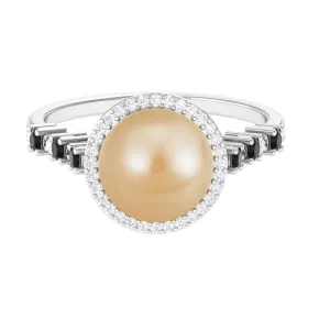 Classic South Sea Pearl Halo Ring with Black and White Diamond Accent
