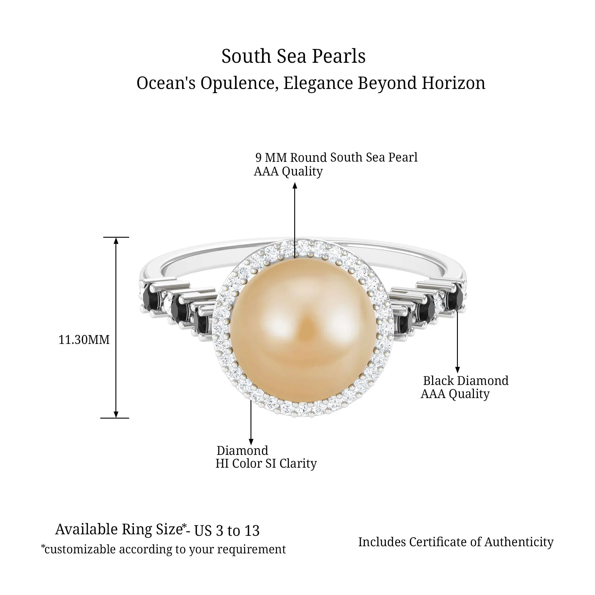Classic South Sea Pearl Halo Ring with Black and White Diamond Accent