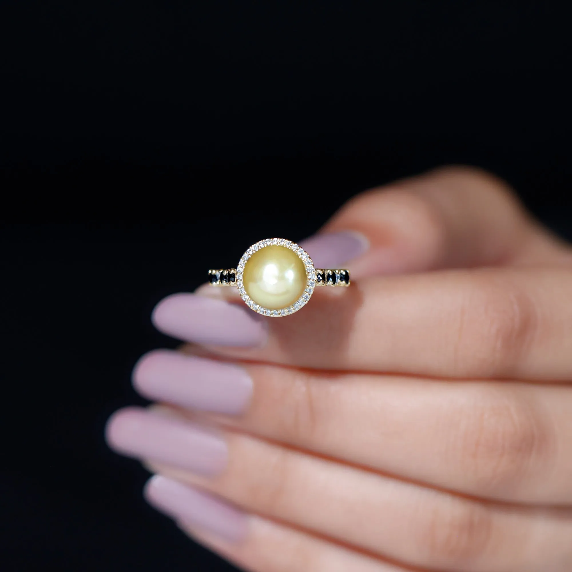 Classic South Sea Pearl Halo Ring with Black and White Diamond Accent