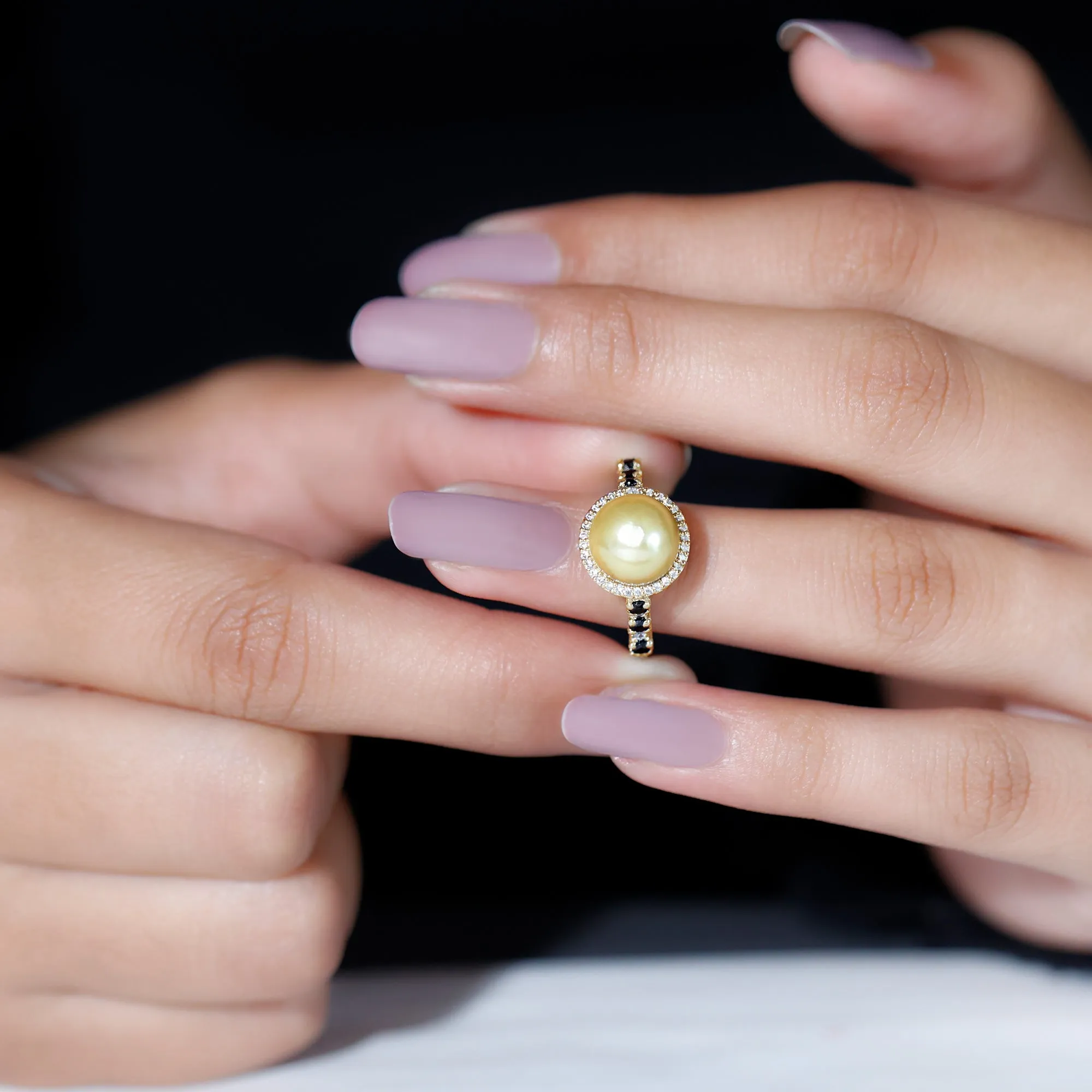 Classic South Sea Pearl Halo Ring with Black and White Diamond Accent