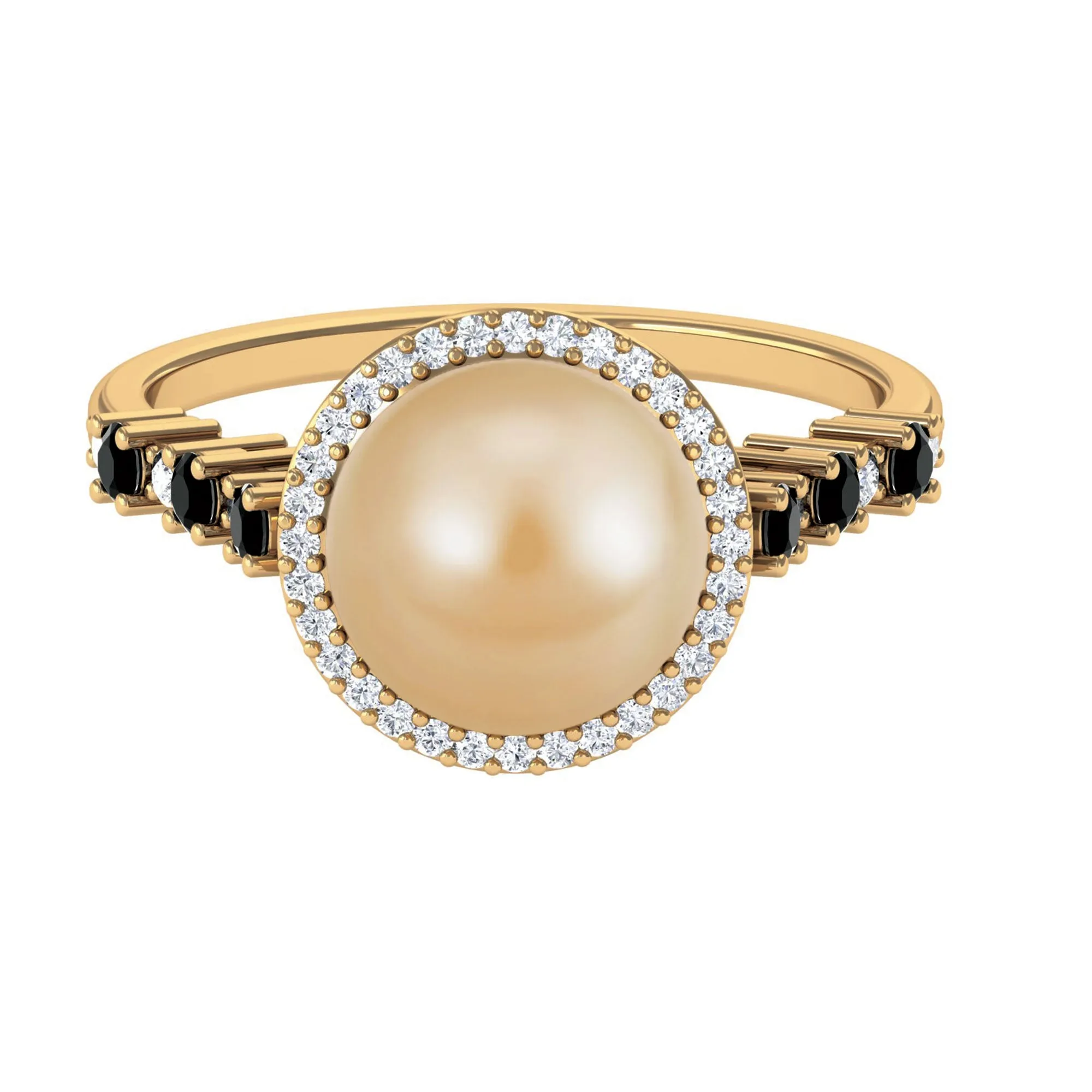 Classic South Sea Pearl Halo Ring with Black and White Diamond Accent