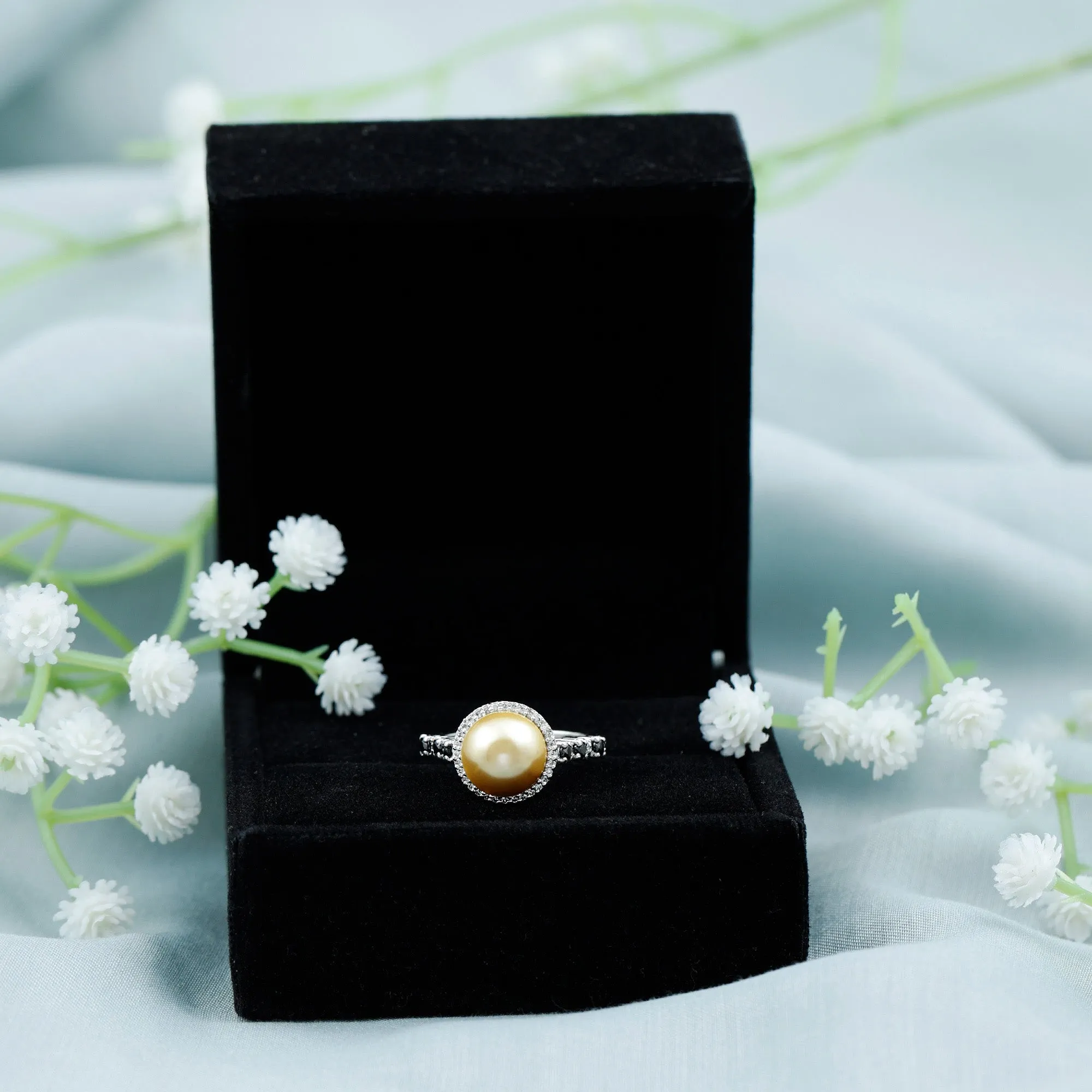 Classic South Sea Pearl Halo Ring with Black and White Diamond Accent