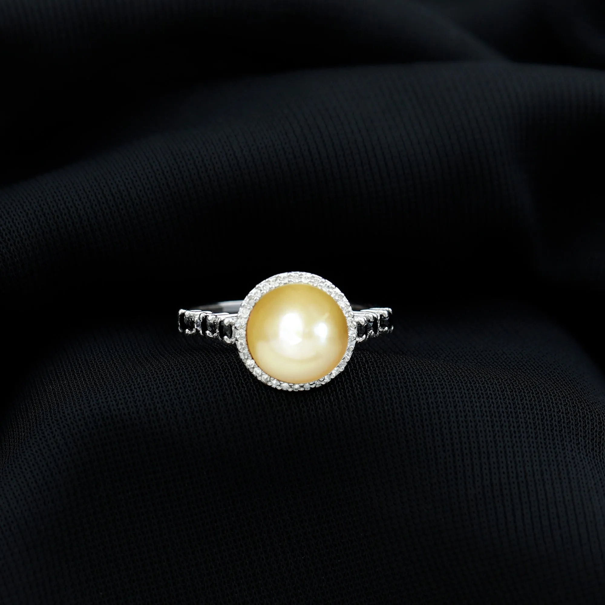 Classic South Sea Pearl Halo Ring with Black and White Diamond Accent