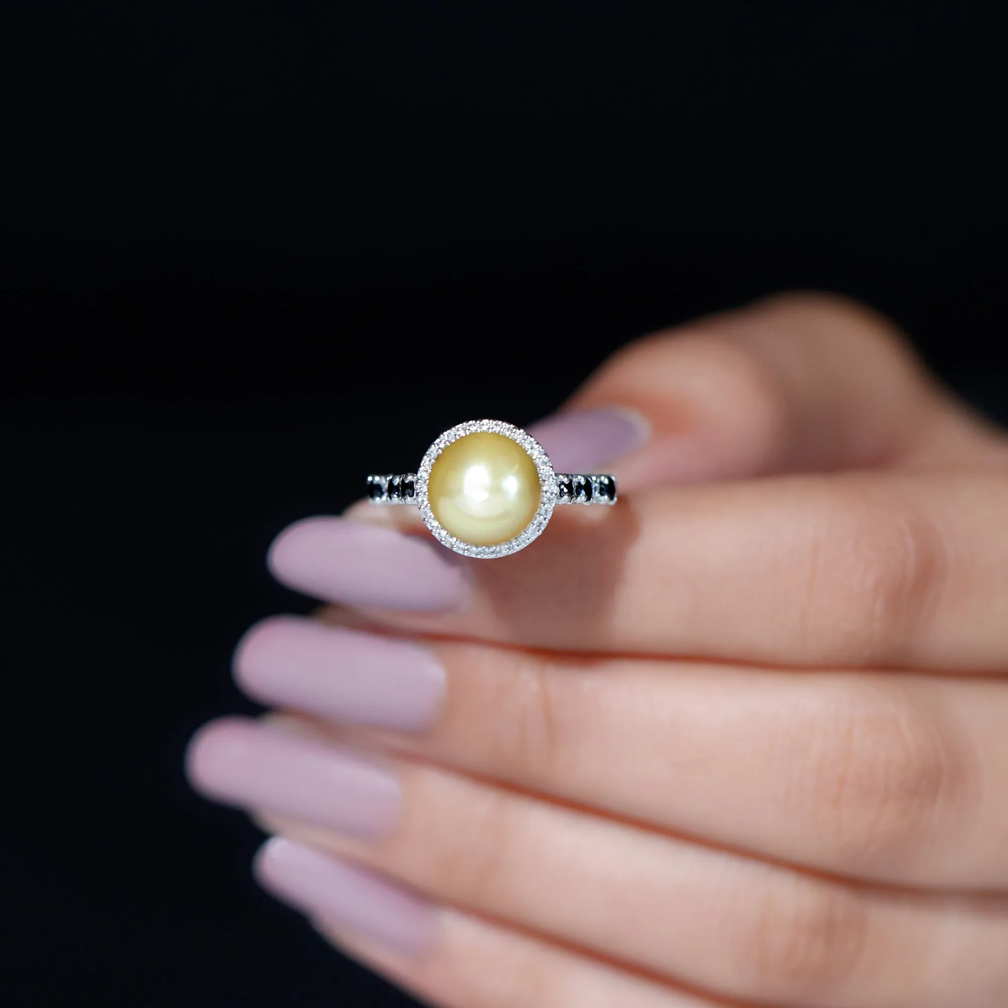 Classic South Sea Pearl Halo Ring with Black and White Diamond Accent