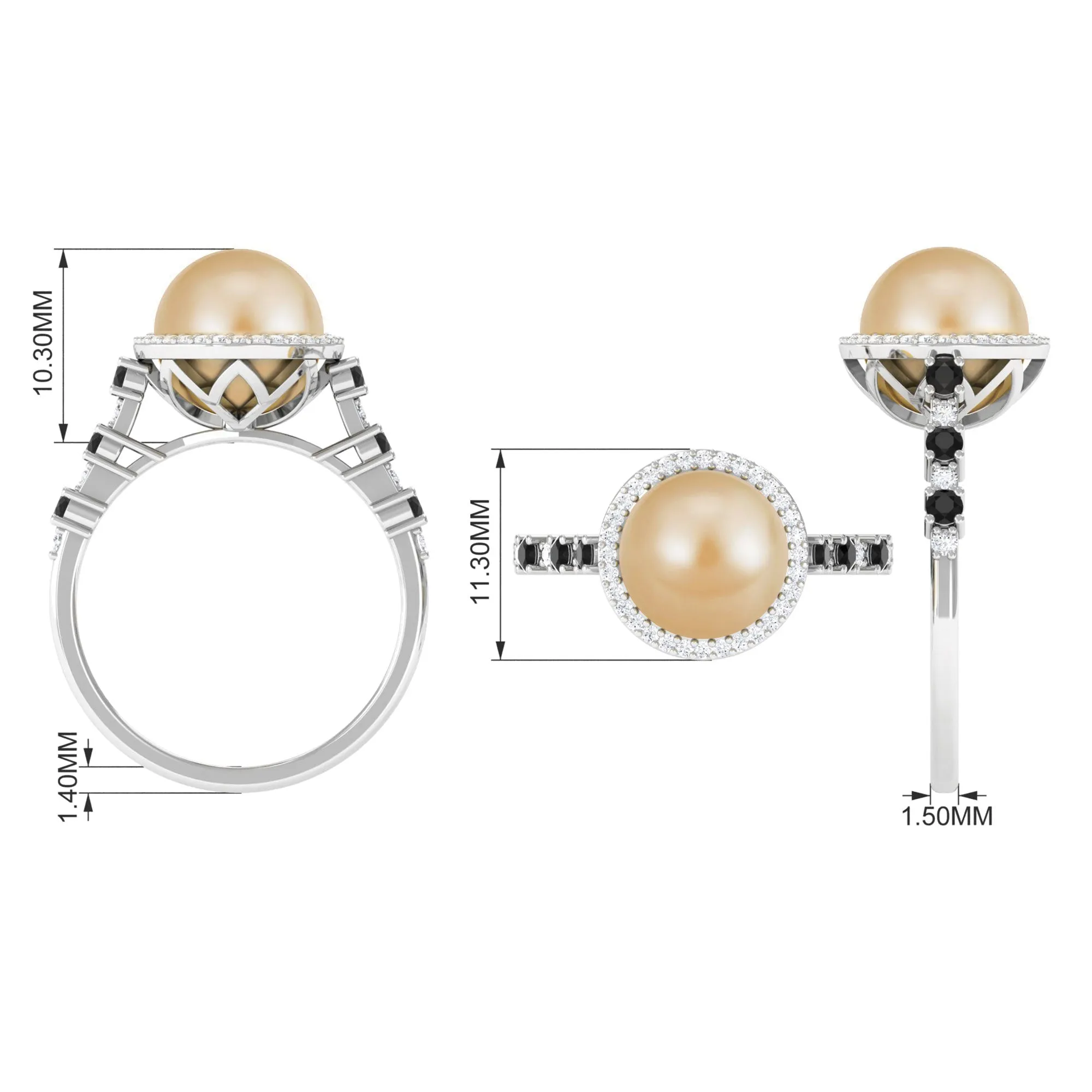 Classic South Sea Pearl Halo Ring with Black and White Diamond Accent