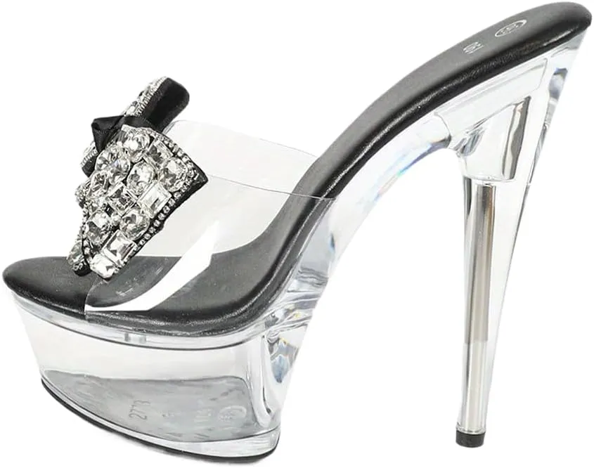Clear Platform Stilettos with Crystal Bow, 6 Inch High Heels, Black