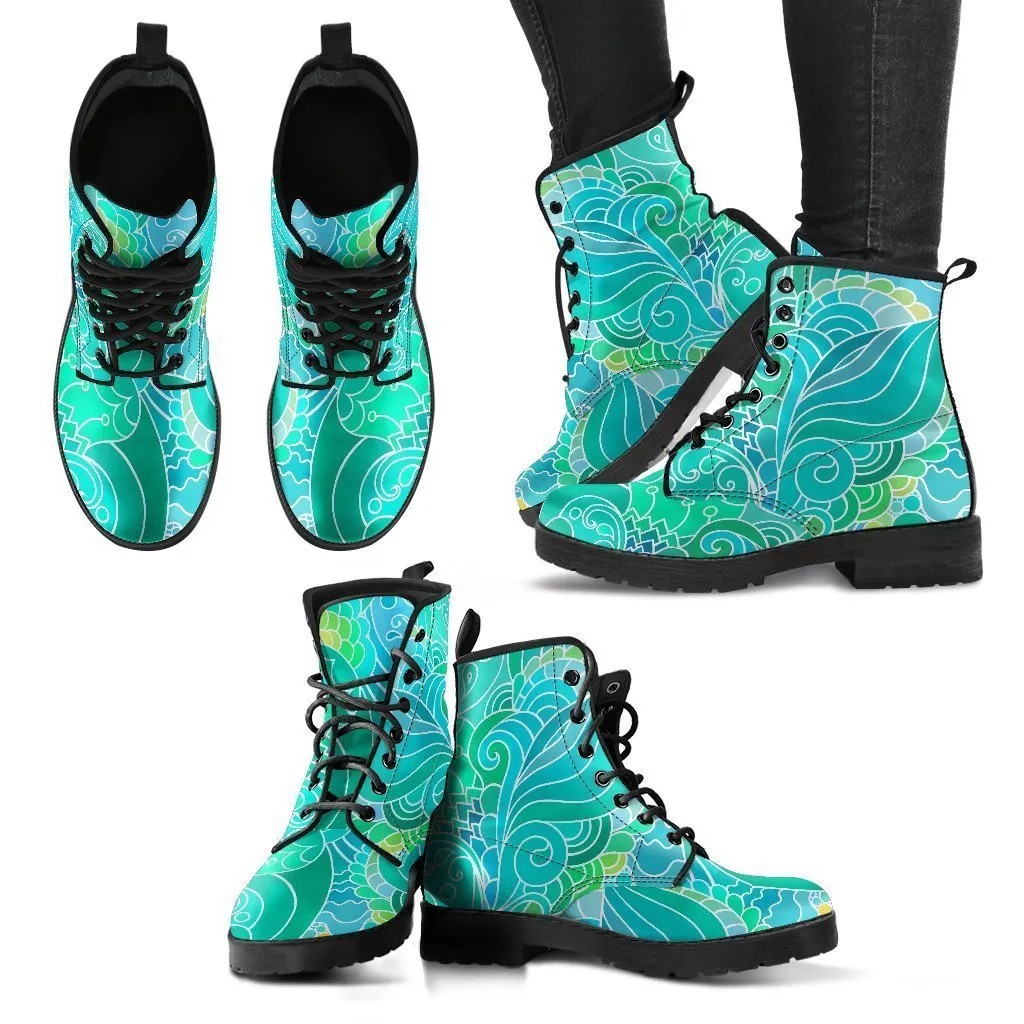 Combat Boots - Beautiful Green Doodle | Vegan Leather Lace Up Boots, Handmade Lace Up Boots, Aesthetic Shoes, Sorority Shoes, Women's Boots