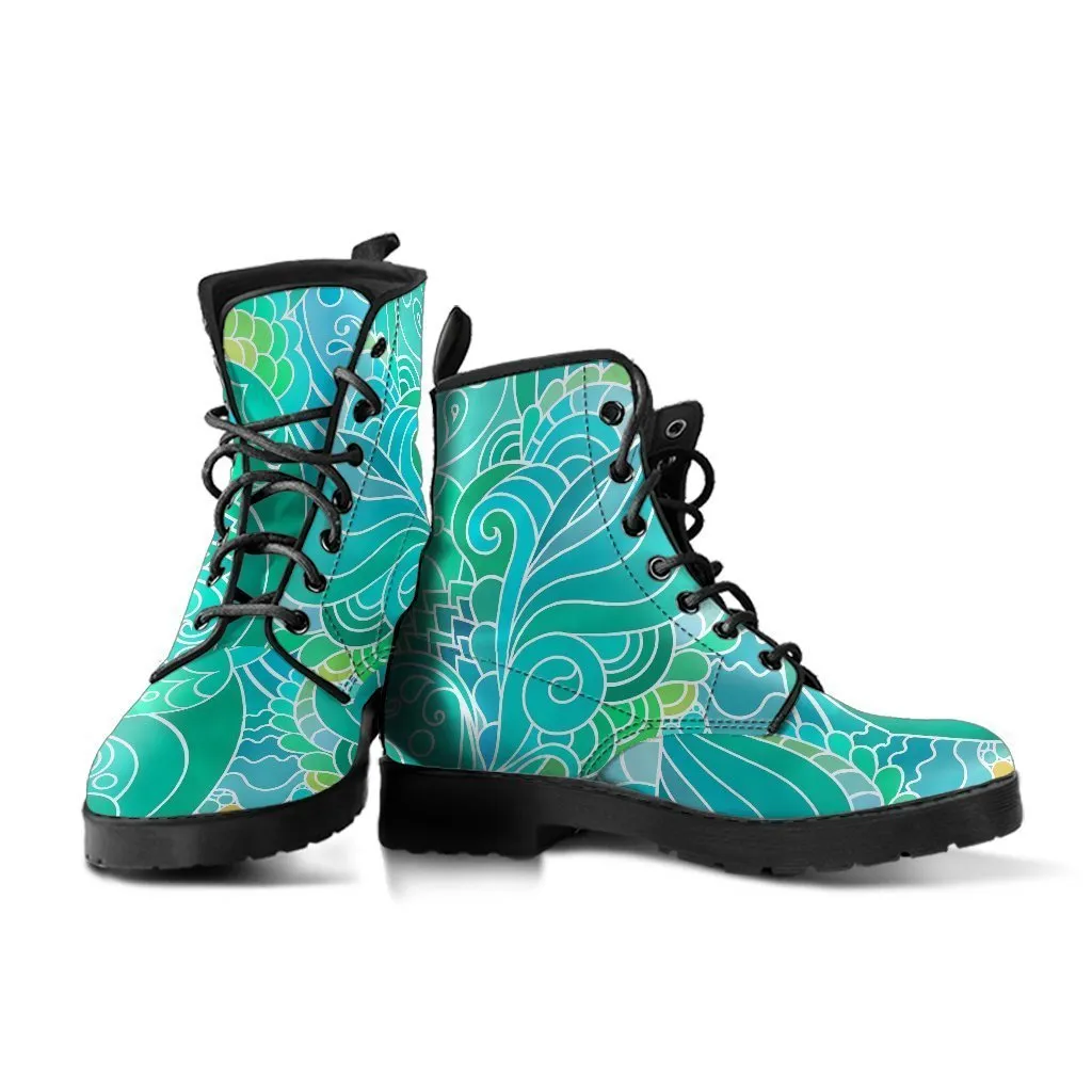 Combat Boots - Beautiful Green Doodle | Vegan Leather Lace Up Boots, Handmade Lace Up Boots, Aesthetic Shoes, Sorority Shoes, Women's Boots