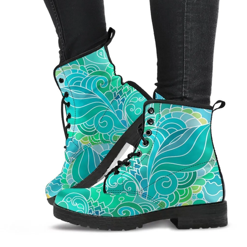 Combat Boots - Beautiful Green Doodle | Vegan Leather Lace Up Boots, Handmade Lace Up Boots, Aesthetic Shoes, Sorority Shoes, Women's Boots