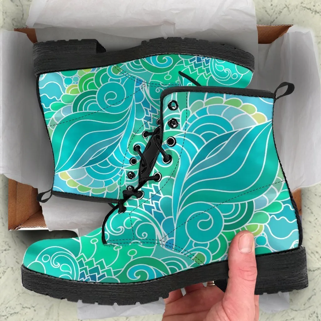 Combat Boots - Beautiful Green Doodle | Vegan Leather Lace Up Boots, Handmade Lace Up Boots, Aesthetic Shoes, Sorority Shoes, Women's Boots