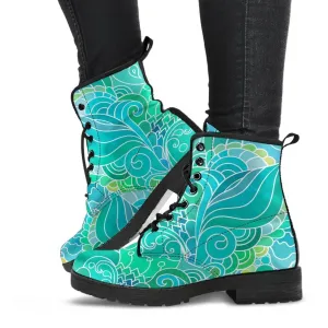 Combat Boots - Beautiful Green Doodle | Vegan Leather Lace Up Boots, Handmade Lace Up Boots, Aesthetic Shoes, Sorority Shoes, Women's Boots