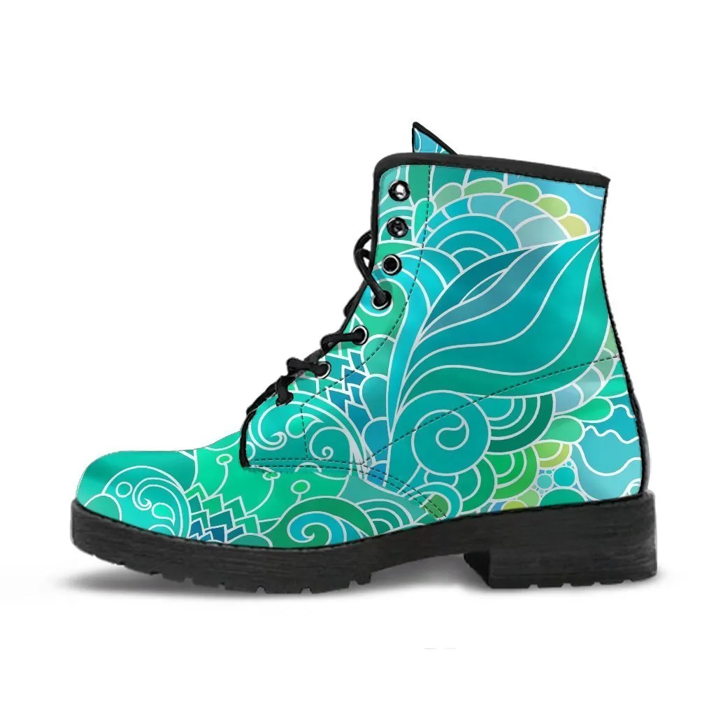 Combat Boots - Beautiful Green Doodle | Vegan Leather Lace Up Boots, Handmade Lace Up Boots, Aesthetic Shoes, Sorority Shoes, Women's Boots